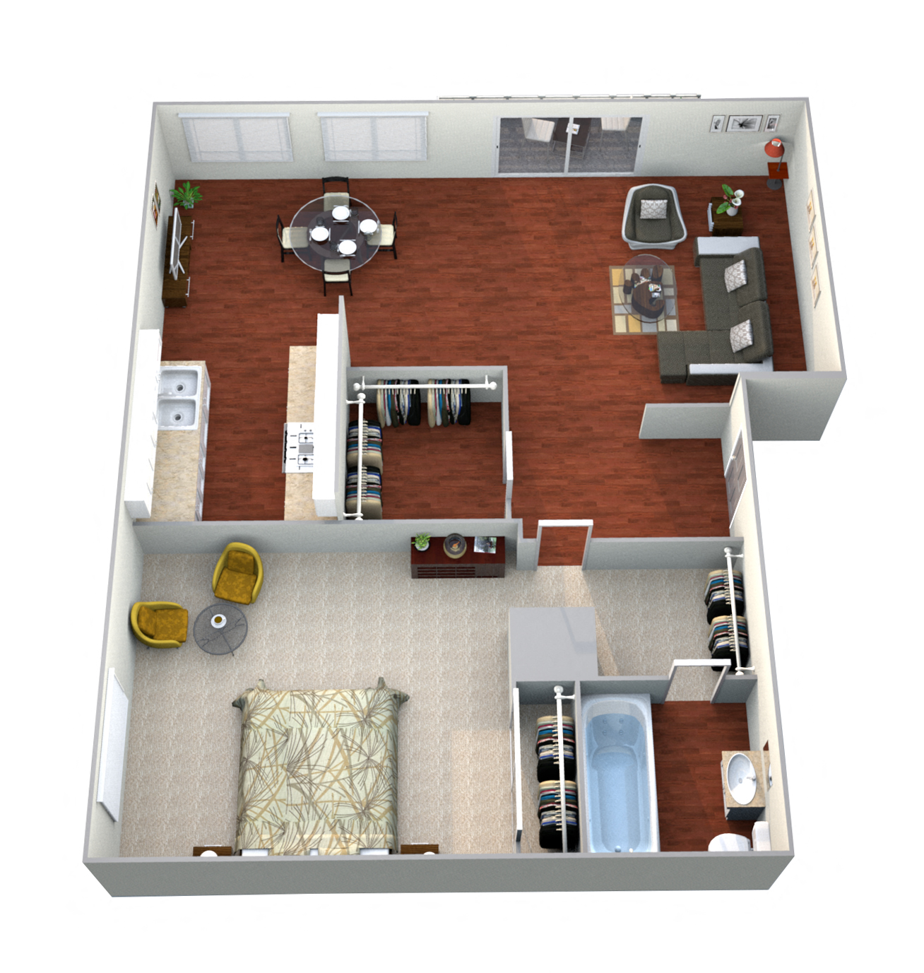 Floor plan for 1 bed, 1 bath, 900 sqft